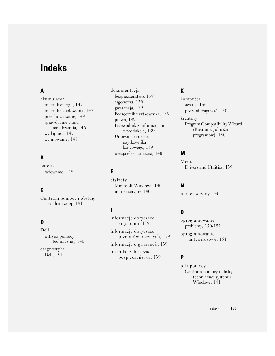 Indeks | Dell Latitude D531 (Mid 2007) User Manual | Page 155 / 224