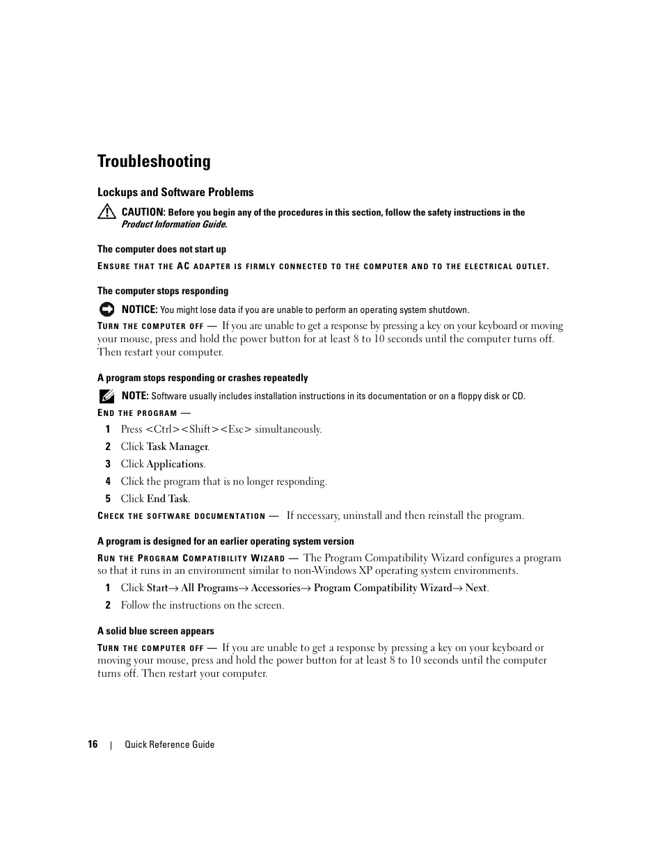 Troubleshooting, Lockups and software problems | Dell Latitude D531 (Mid 2007) User Manual | Page 16 / 224