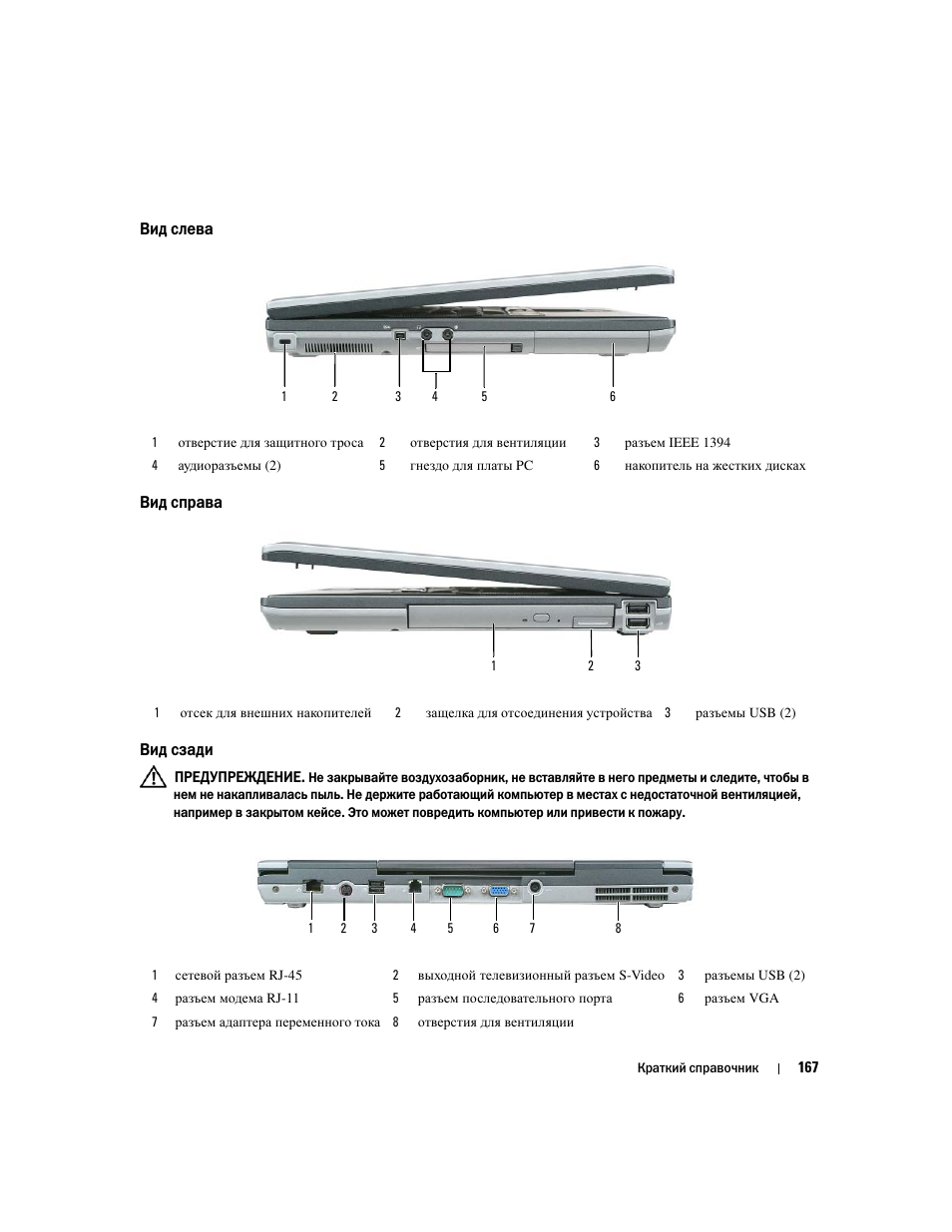 Вид слева, Вид справа, Вид сзади | Dell Latitude D531 (Mid 2007) User Manual | Page 167 / 224