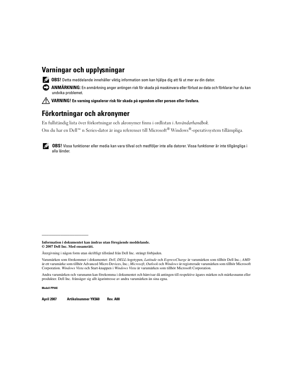 Varningar och upplysningar, Förkortningar och akronymer | Dell Latitude D531 (Mid 2007) User Manual | Page 182 / 224