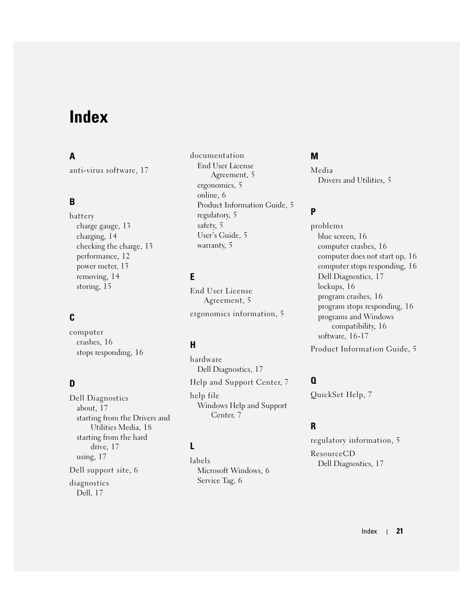 Index | Dell Latitude D531 (Mid 2007) User Manual | Page 21 / 224