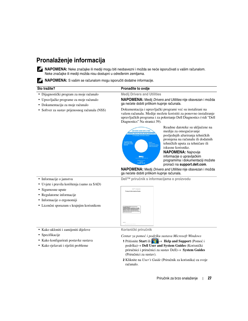 Pronala˛enje informacija, Pronalaženje informacija | Dell Latitude D531 (Mid 2007) User Manual | Page 27 / 224