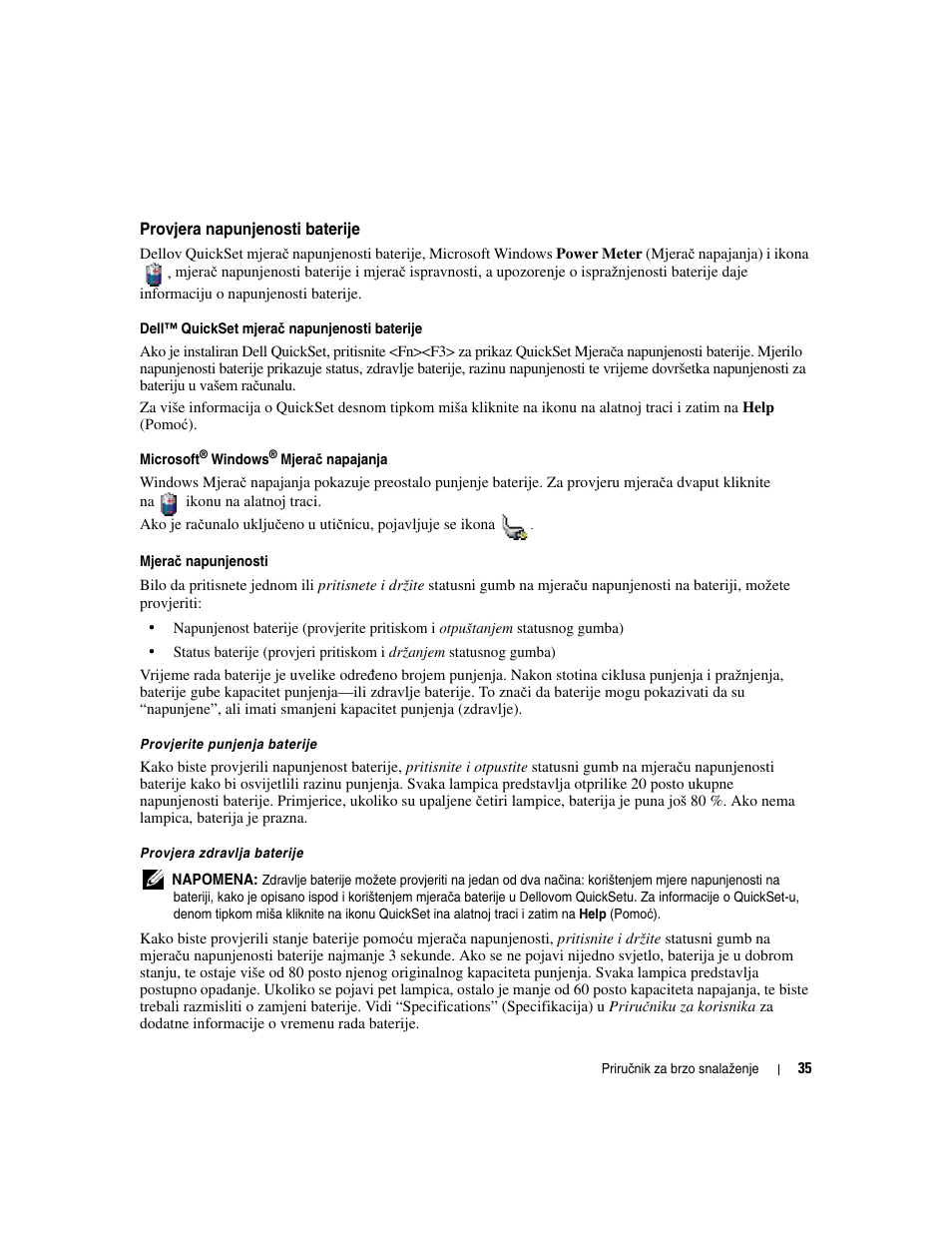 Provjera napunjenosti baterije | Dell Latitude D531 (Mid 2007) User Manual | Page 35 / 224