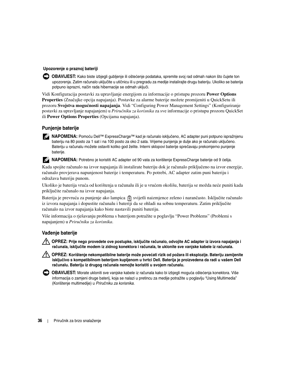 Punjenje baterije, Vađenje baterije | Dell Latitude D531 (Mid 2007) User Manual | Page 36 / 224