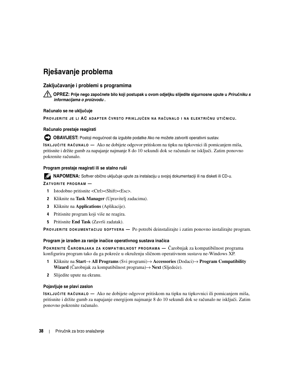 Rješavanje problema, Zaključavanje i problemi s programima, Zaklju č avanje i problemi s programima | Dell Latitude D531 (Mid 2007) User Manual | Page 38 / 224