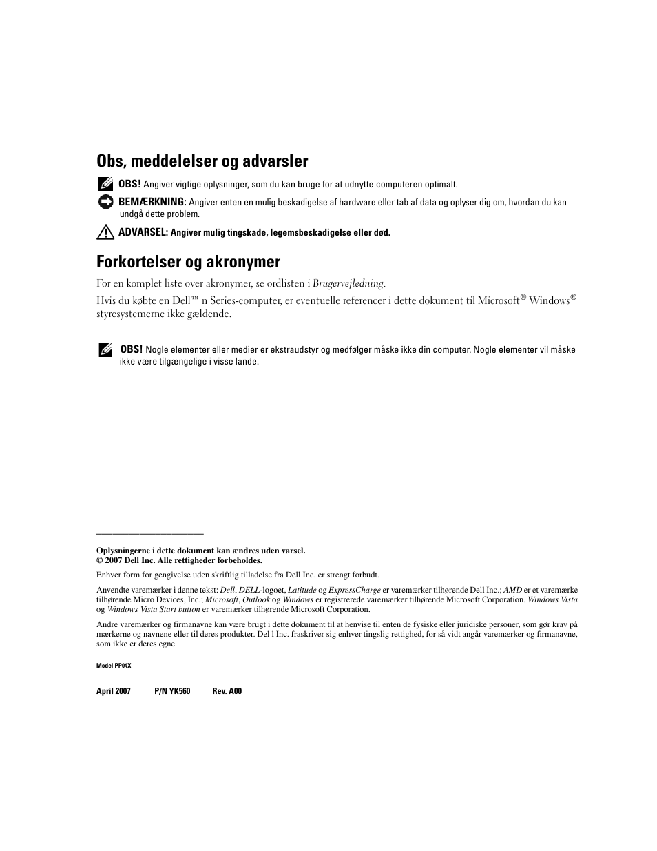 Obs, meddelelser og advarsler, Forkortelser og akronymer | Dell Latitude D531 (Mid 2007) User Manual | Page 46 / 224