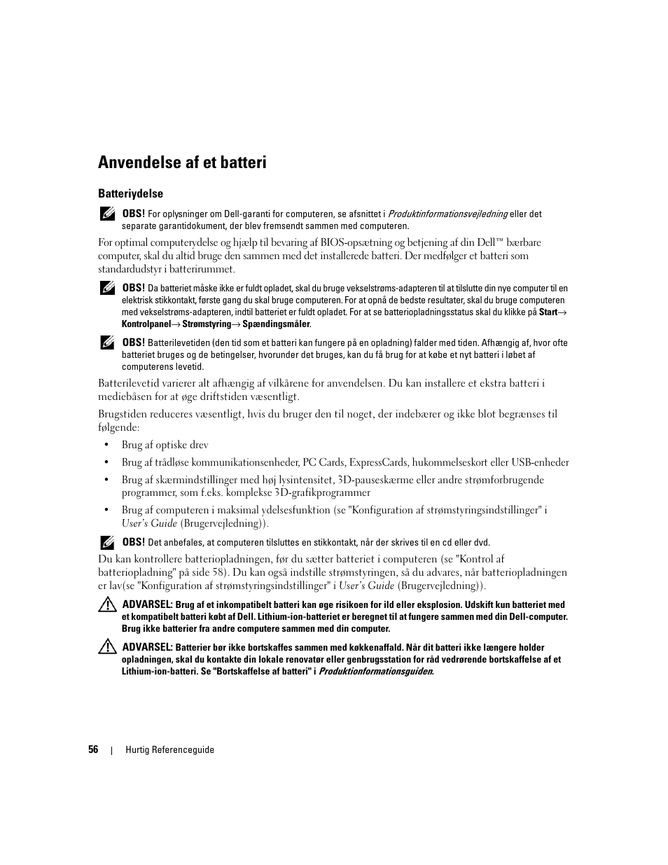 Anvendelse af et batteri, Batteriydelse | Dell Latitude D531 (Mid 2007) User Manual | Page 56 / 224