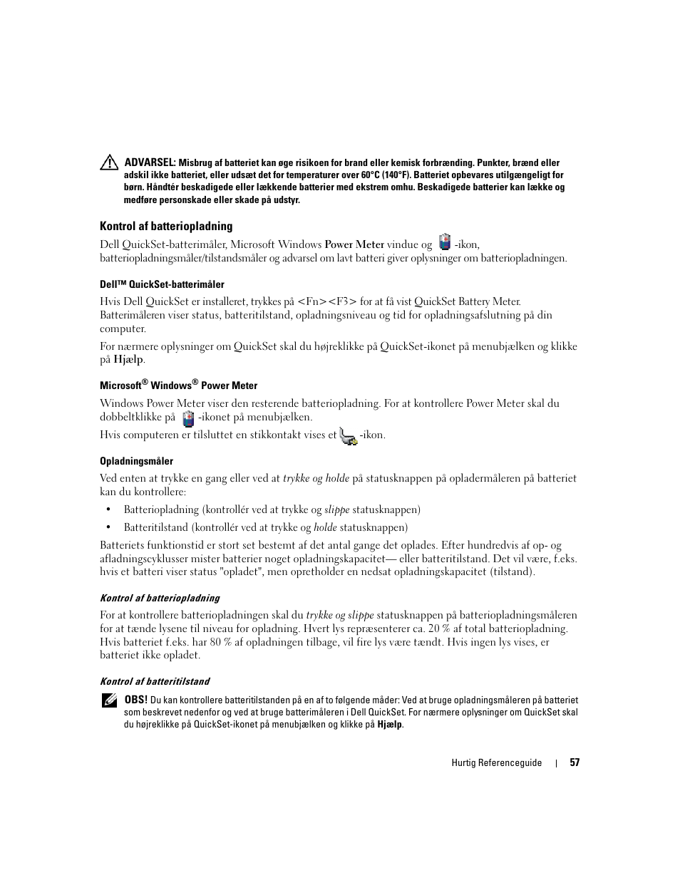 Kontrol af batteriopladning | Dell Latitude D531 (Mid 2007) User Manual | Page 57 / 224