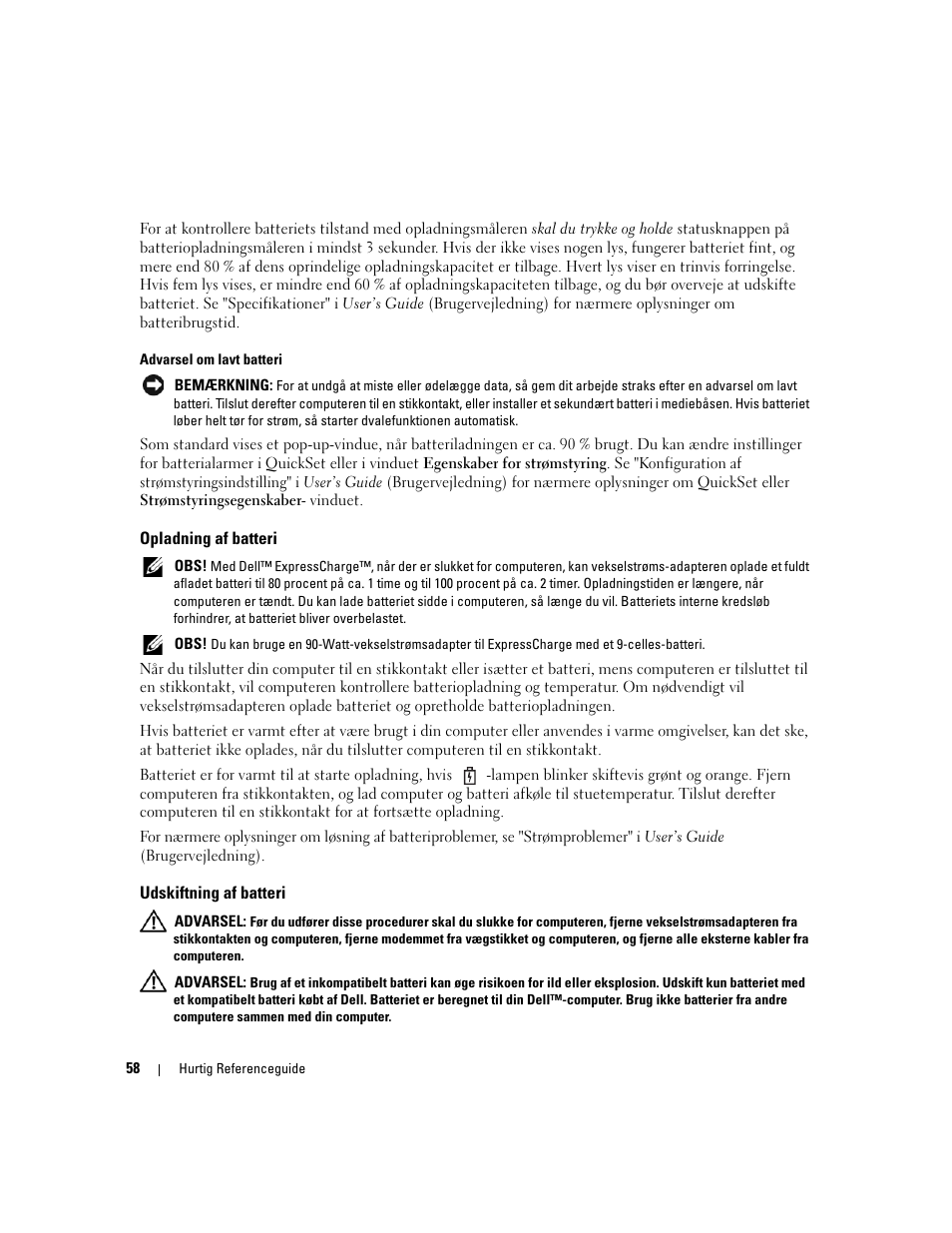 Opladning af batteri, Udskiftning af batteri | Dell Latitude D531 (Mid 2007) User Manual | Page 58 / 224