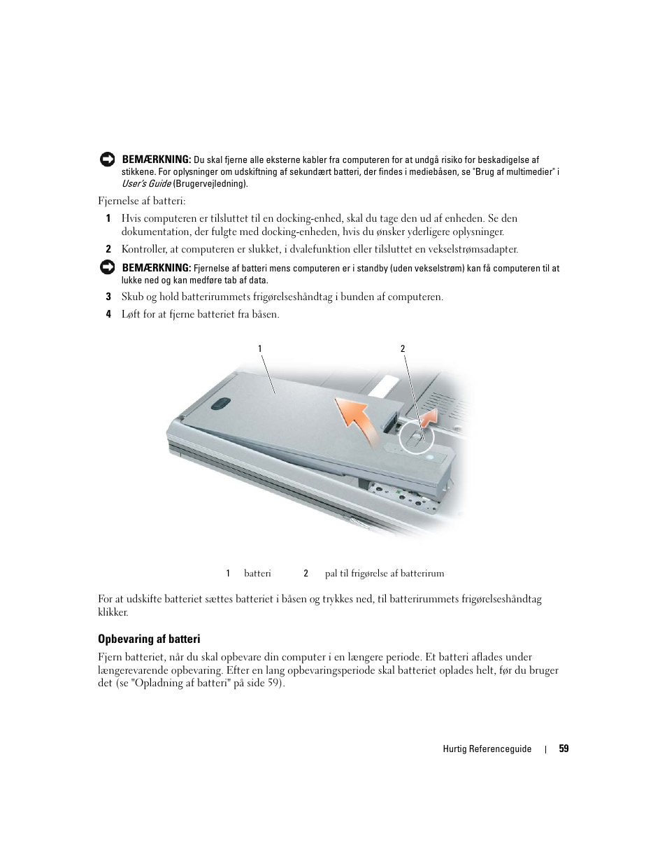 Opbevaring af batteri | Dell Latitude D531 (Mid 2007) User Manual | Page 59 / 224