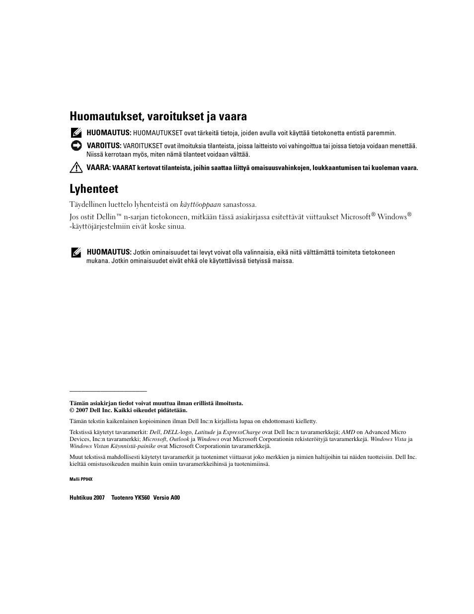 Huomautukset, varoitukset ja vaara, Lyhenteet | Dell Latitude D531 (Mid 2007) User Manual | Page 68 / 224