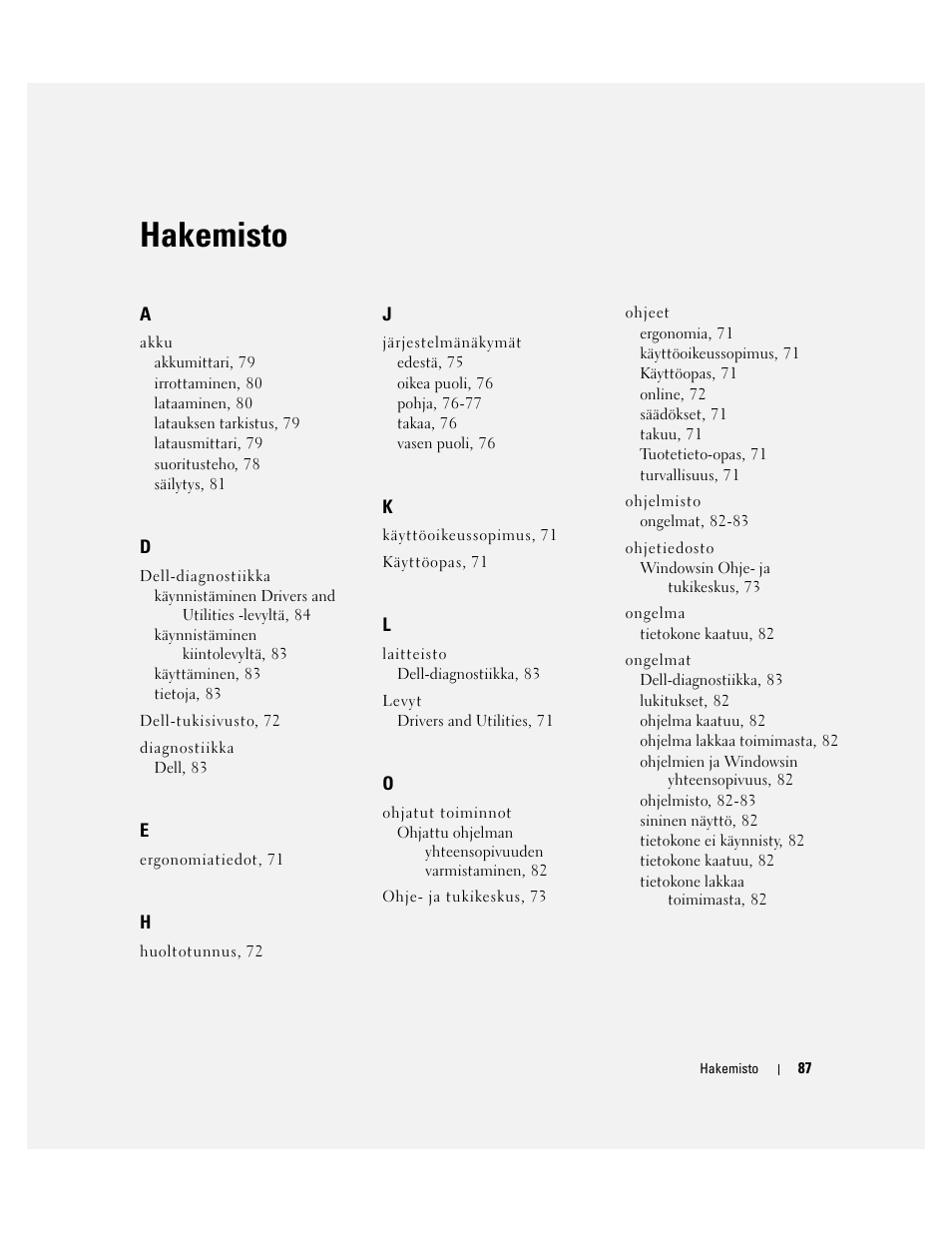 Hakemisto | Dell Latitude D531 (Mid 2007) User Manual | Page 87 / 224
