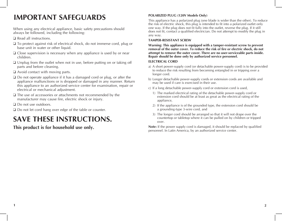 Save these instructions, Important safeguards, This product is for household use only | Black & Decker CJ625 User Manual | Page 2 / 13