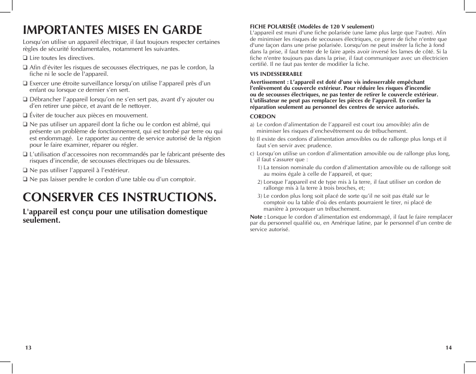 Importantes mises en garde, Conserver ces instructions | Black & Decker CJ625 User Manual | Page 8 / 13