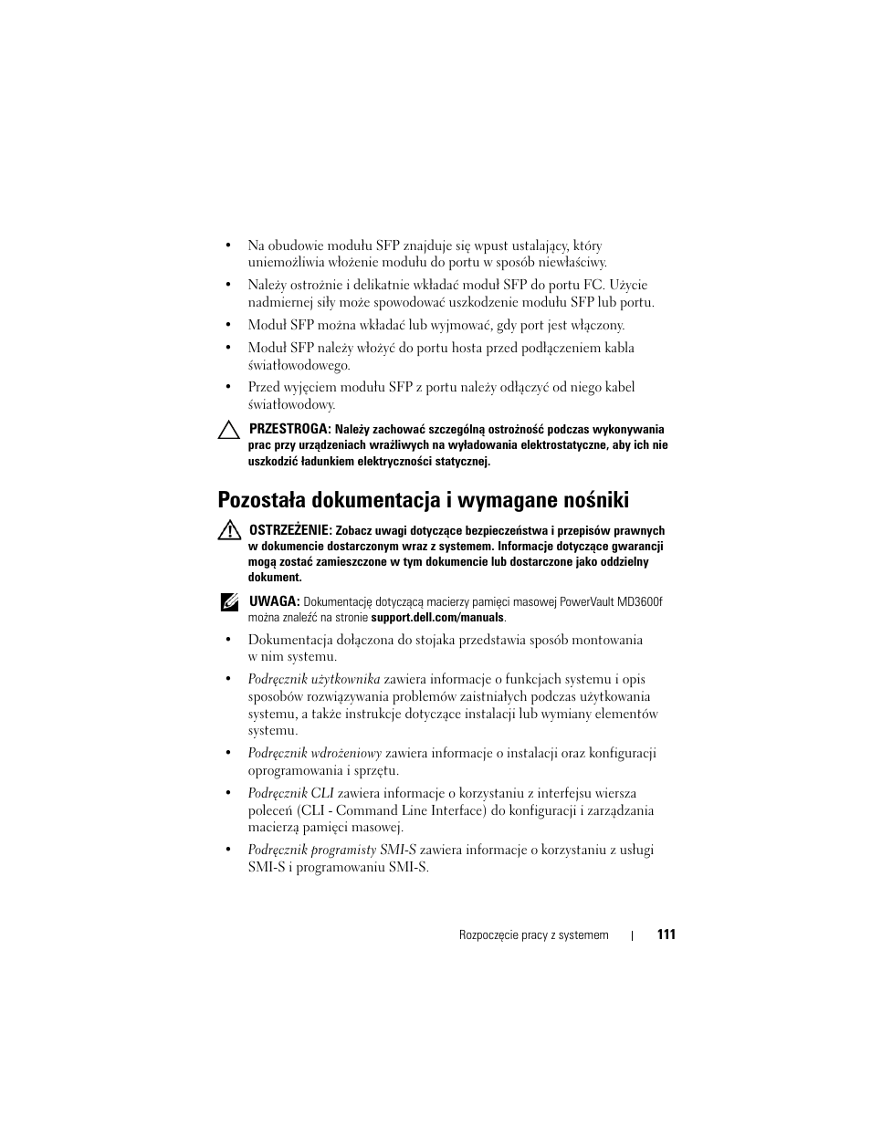 Pozostała dokumentacja i wymagane nośniki | Dell POWERVAULT MD3620F User Manual | Page 113 / 222