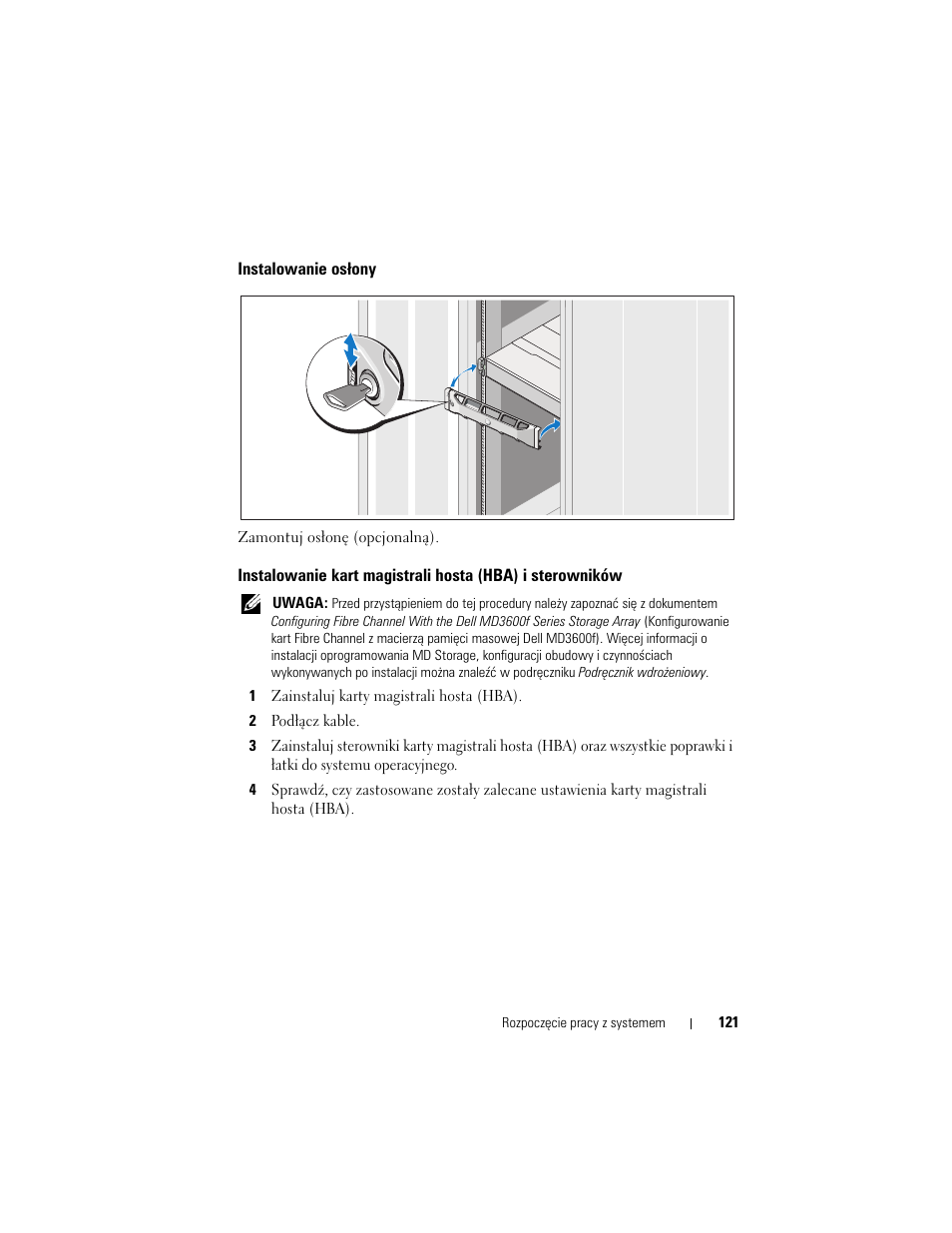 Instalowanie osłony | Dell POWERVAULT MD3620F User Manual | Page 123 / 222