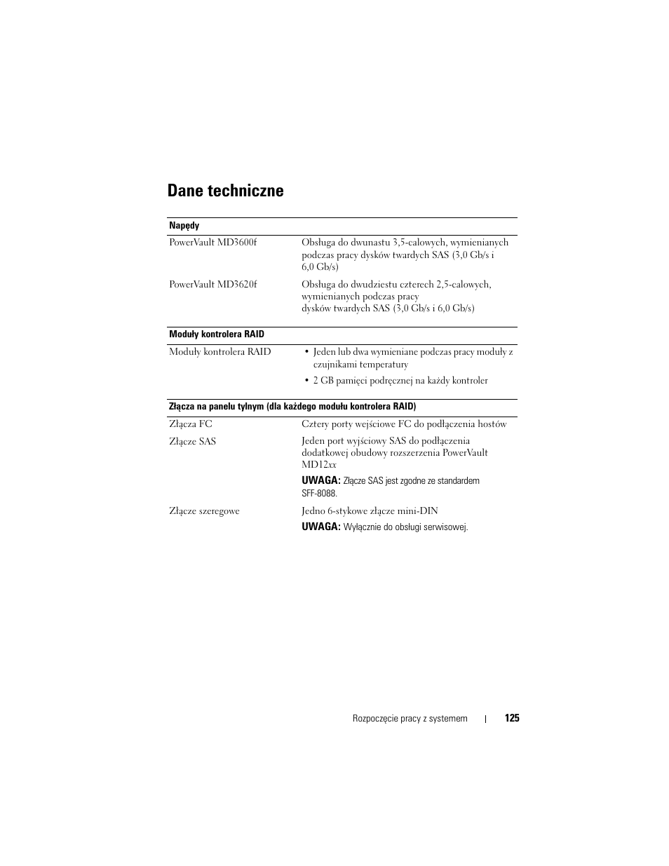 Dane techniczne | Dell POWERVAULT MD3620F User Manual | Page 127 / 222