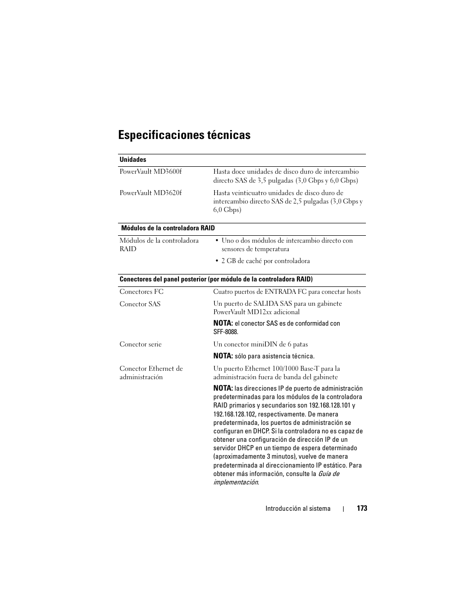 Especificaciones técnicas | Dell POWERVAULT MD3620F User Manual | Page 175 / 222