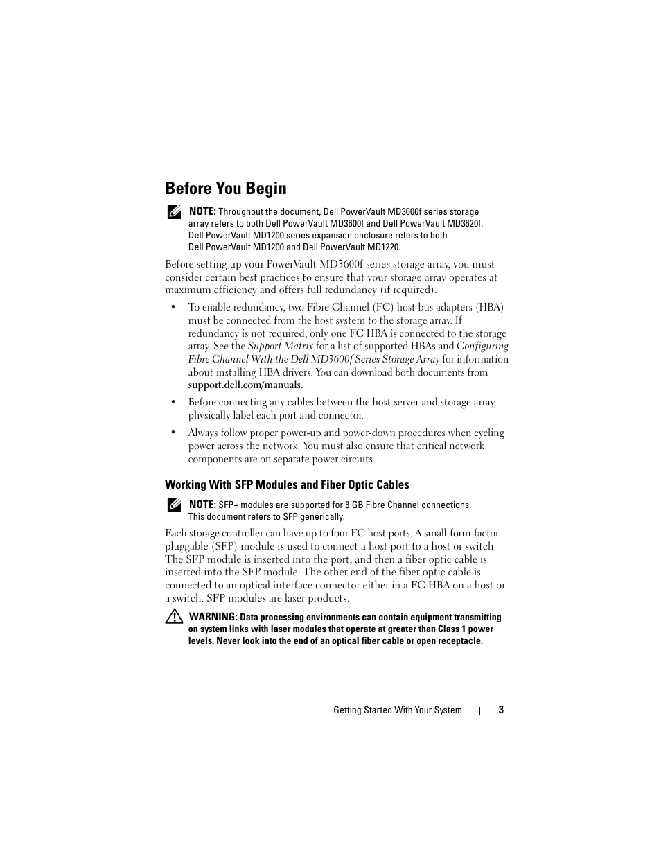 Before you begin, Working with sfp modules and fiber optic cables | Dell POWERVAULT MD3620F User Manual | Page 5 / 222