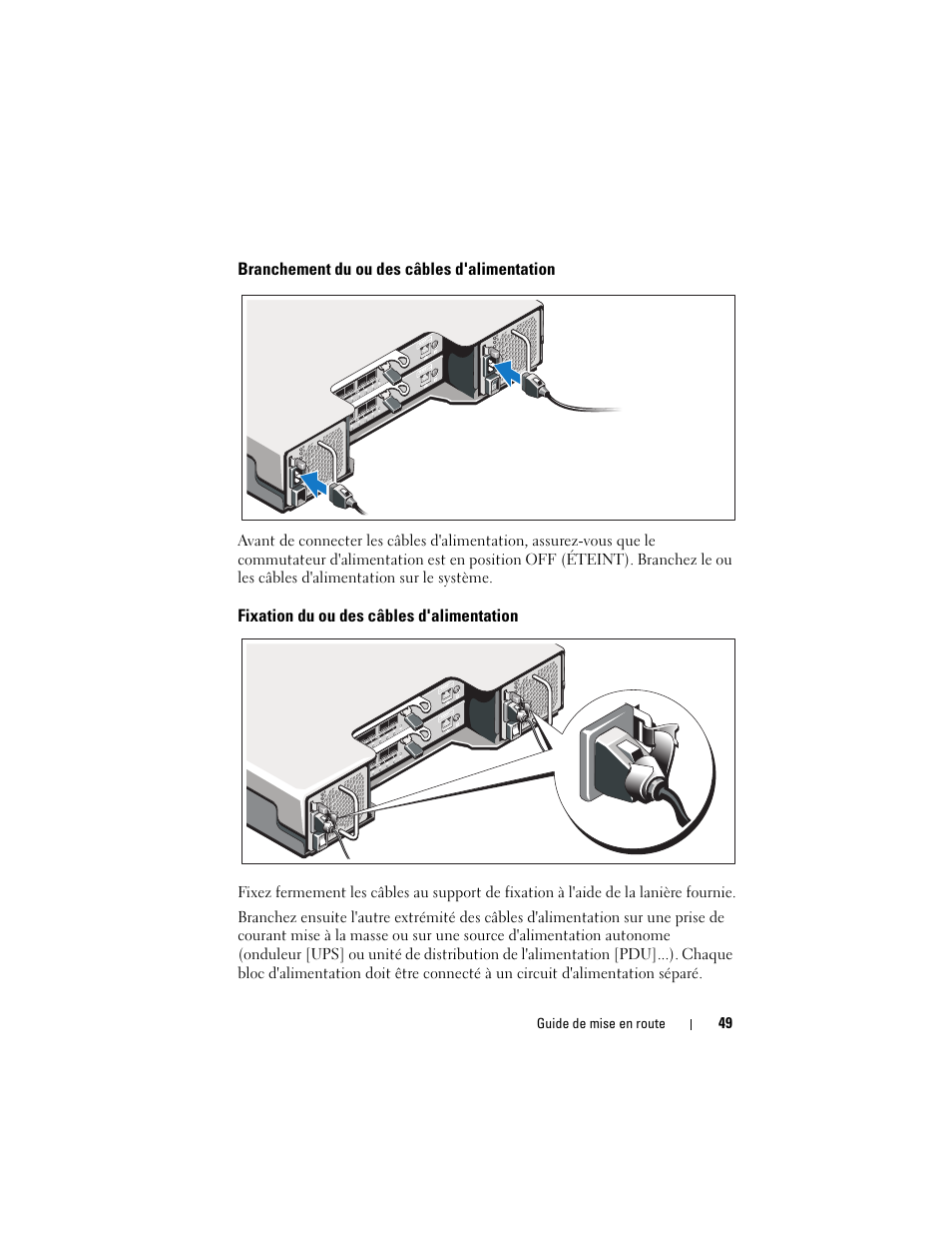 Branchement du ou des câbles d'alimentation, Fixation du ou des câbles d'alimentation | Dell POWERVAULT MD3620F User Manual | Page 51 / 222