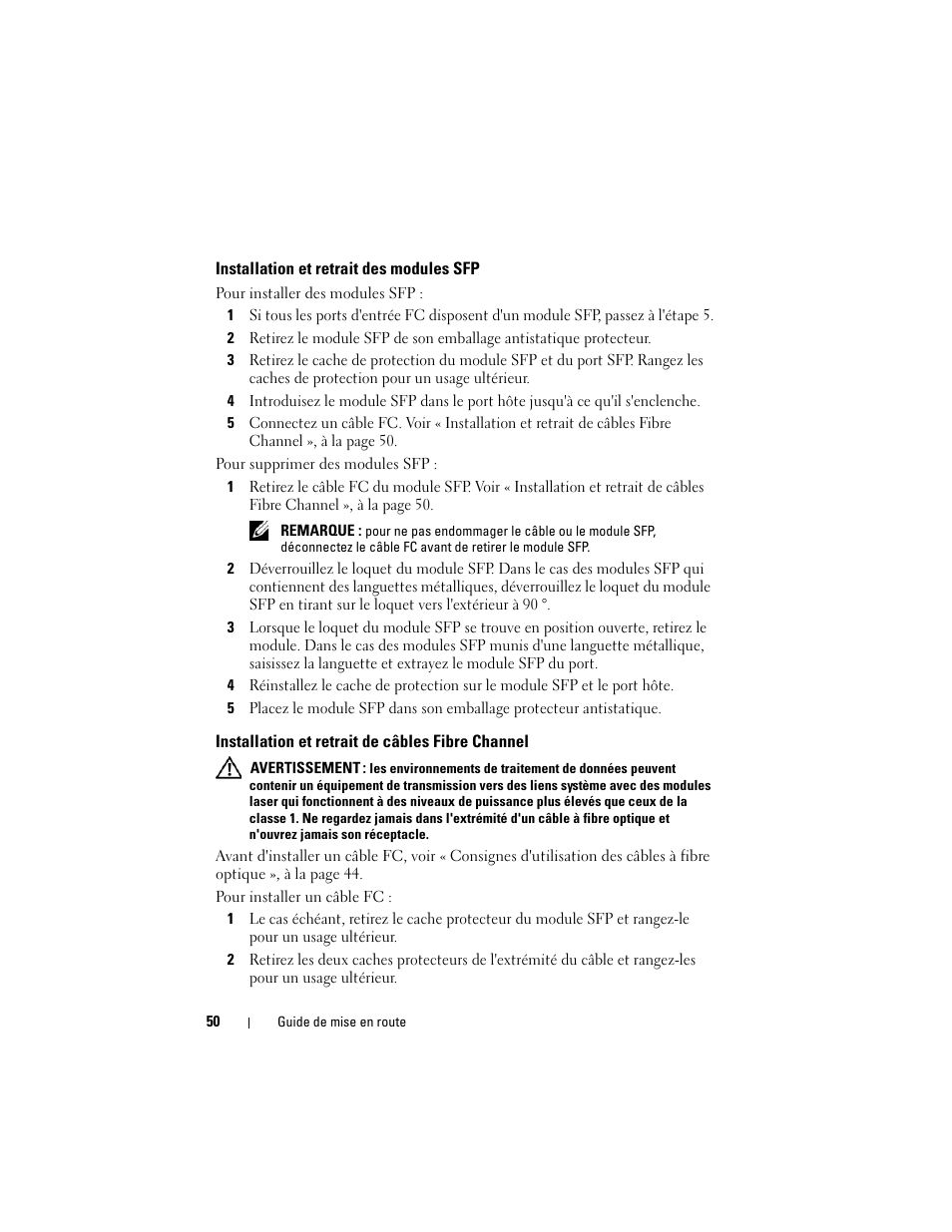 Installation et retrait des modules sfp, Installation et retrait de câbles fibre channel | Dell POWERVAULT MD3620F User Manual | Page 52 / 222