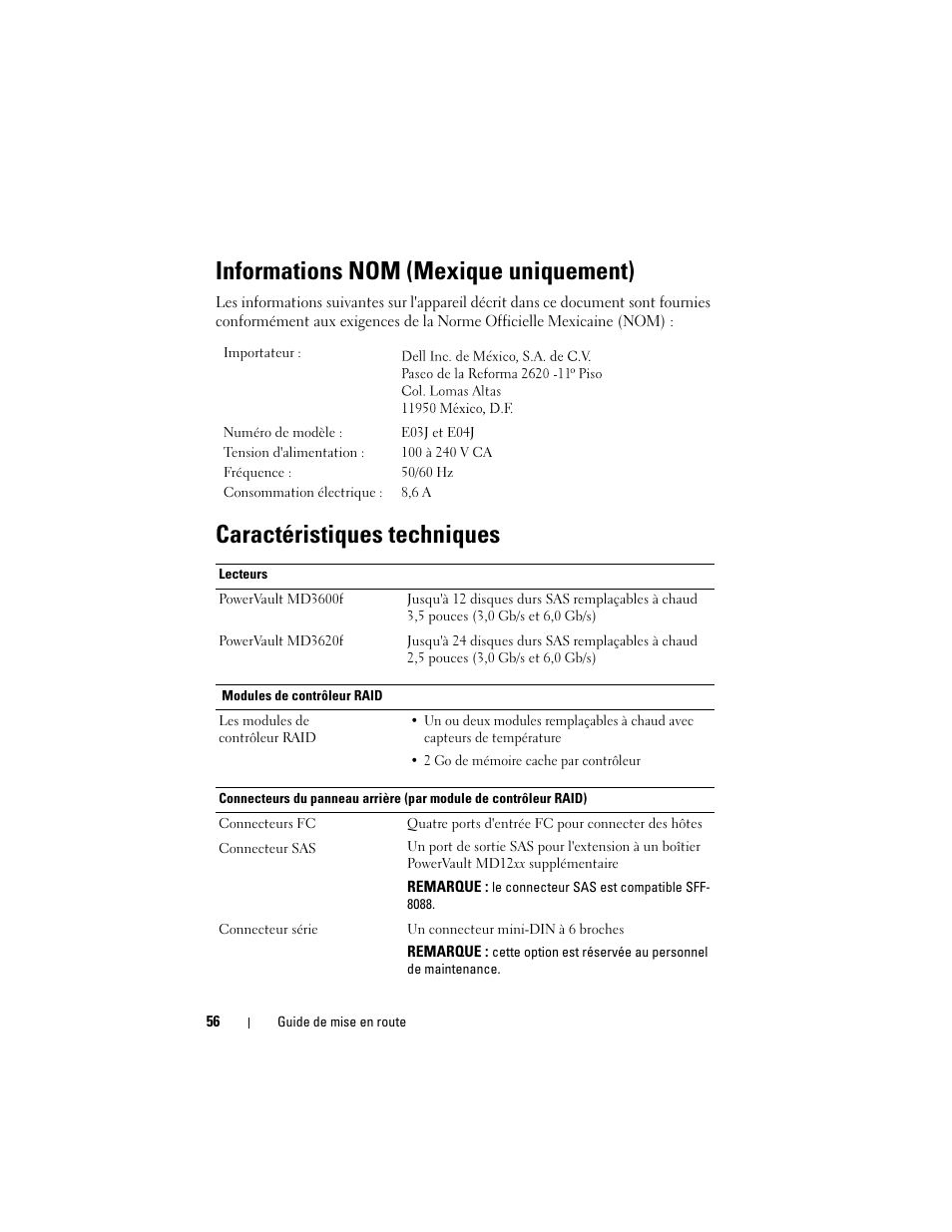 Informations nom (mexique uniquement), Caractéristiques techniques | Dell POWERVAULT MD3620F User Manual | Page 58 / 222