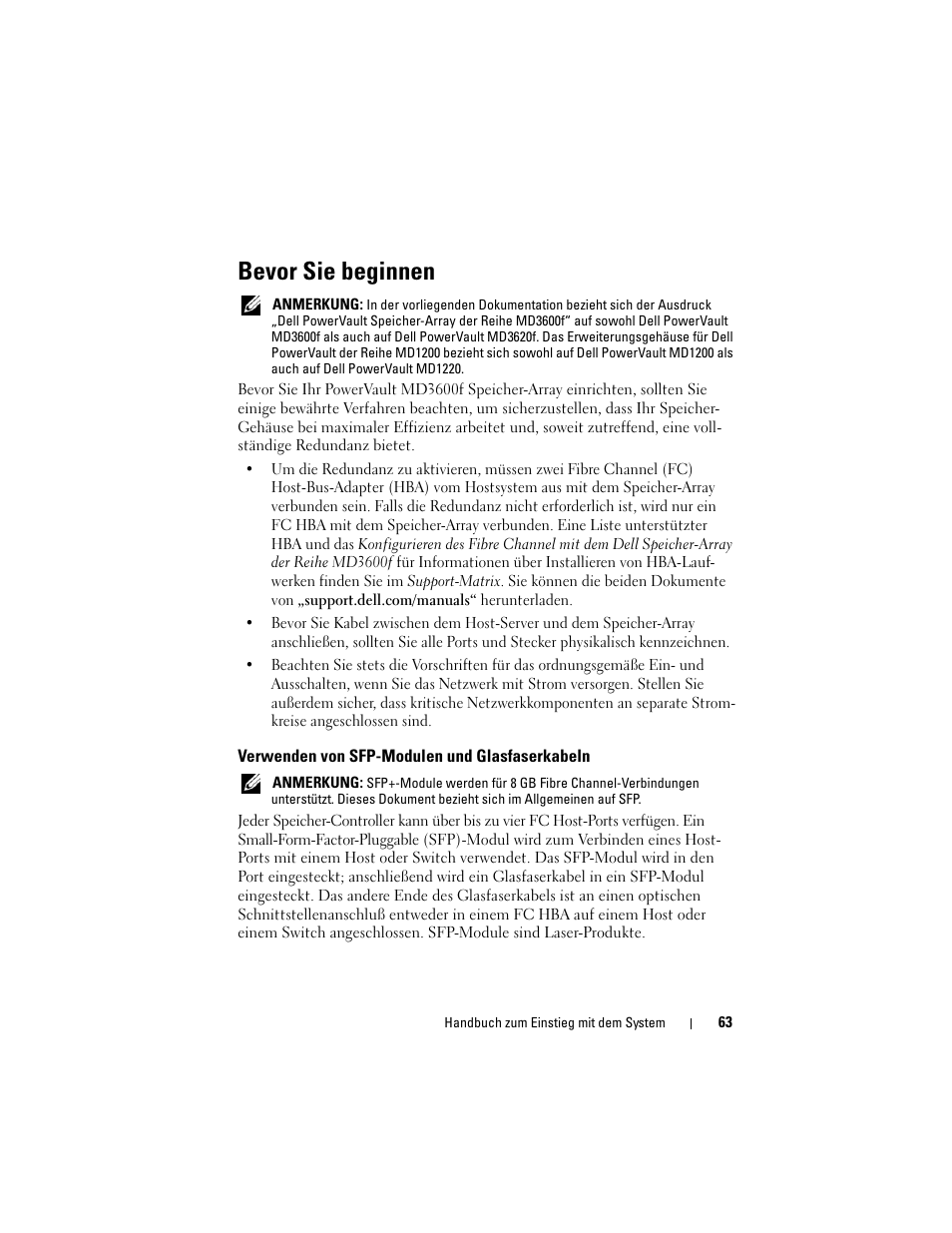 Bevor sie beginnen, Verwenden von sfp-modulen und glasfaserkabeln | Dell POWERVAULT MD3620F User Manual | Page 65 / 222
