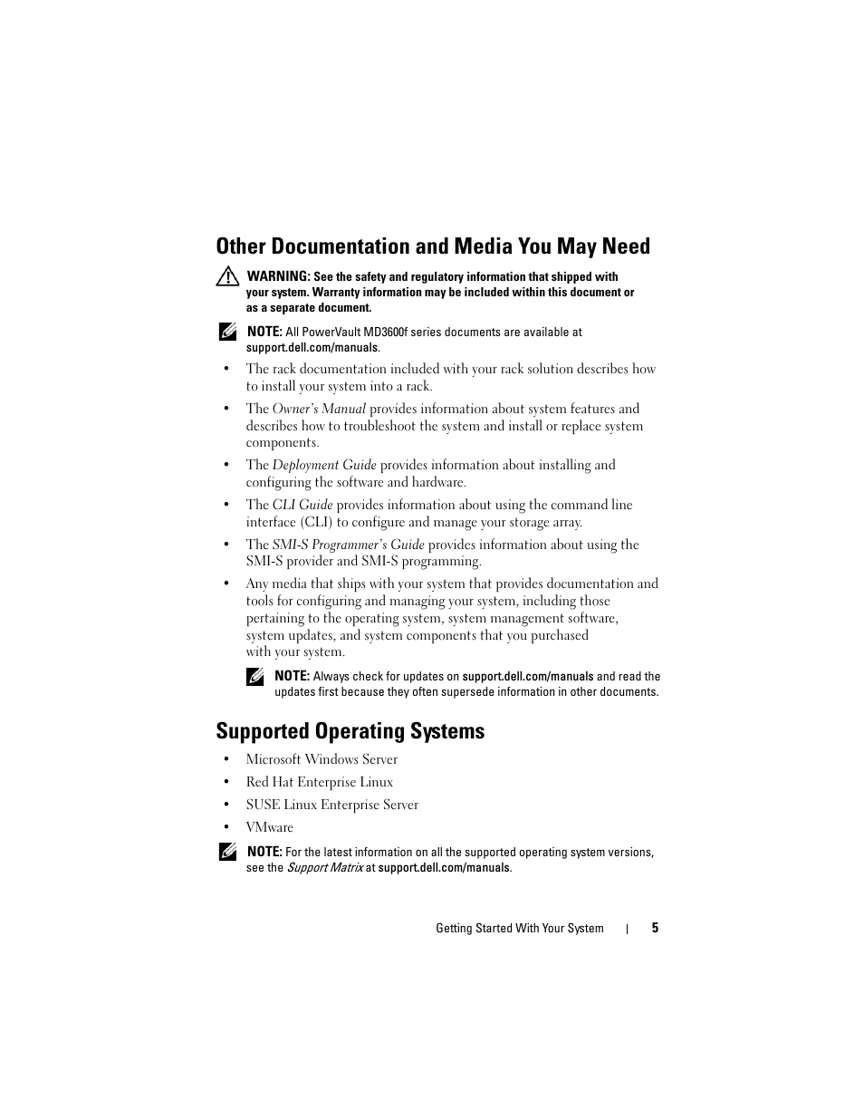 Other documentation and media you may need, Supported operating systems | Dell POWERVAULT MD3620F User Manual | Page 7 / 222