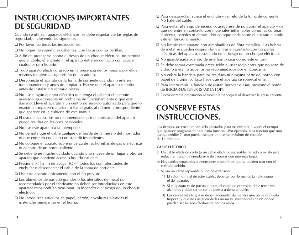 Instrucciones importantes de seguridad, Conserve estas instrucciones | Black & Decker INFRAWAVE FC351B User Manual | Page 2 / 41