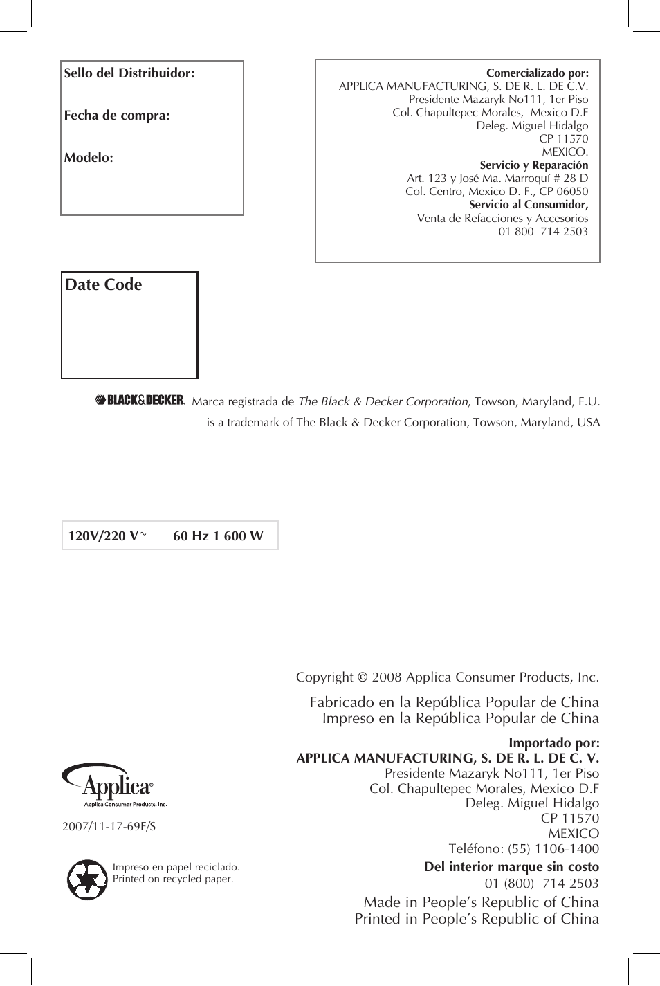 Black & Decker INFRAWAVE FC351B User Manual | Page 41 / 41