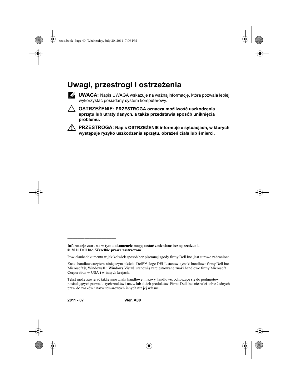 Uwagi, przestrogi i ostrzeżenia | Dell Latitude E5420 (Early 2011) User Manual | Page 42 / 96