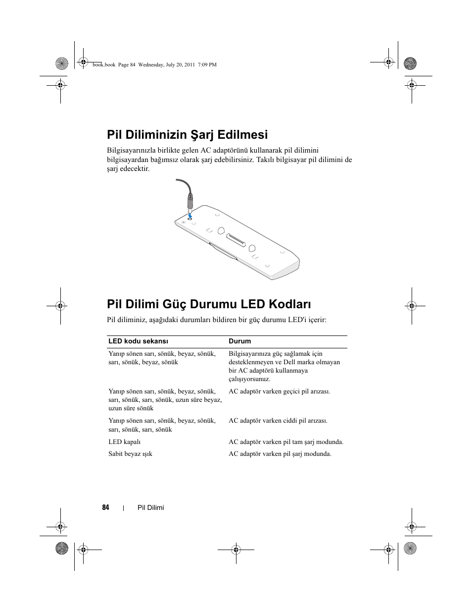 Pil diliminizin şarj edilmesi, Pil dilimi güç durumu led kodları | Dell Latitude E5420 (Early 2011) User Manual | Page 86 / 96