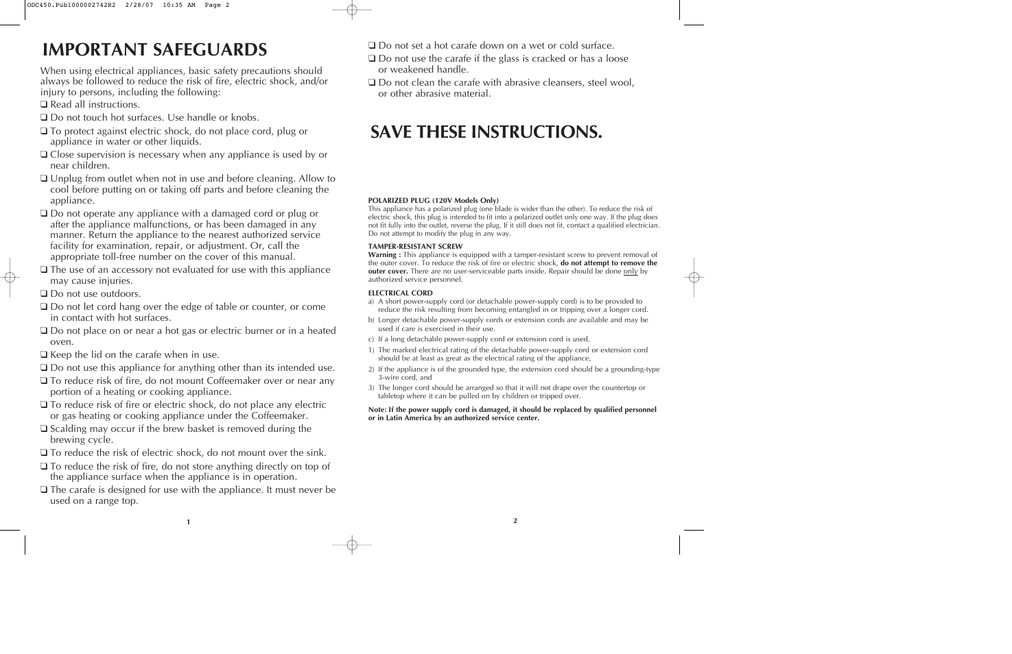 Important safeguards, Save these instructions | Black & Decker ODC440 User Manual | Page 2 / 13