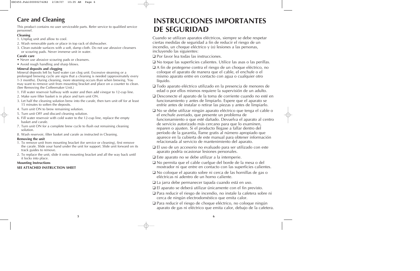Instrucciones importantes de seguridad, Care and cleaning | Black & Decker ODC440 User Manual | Page 4 / 13