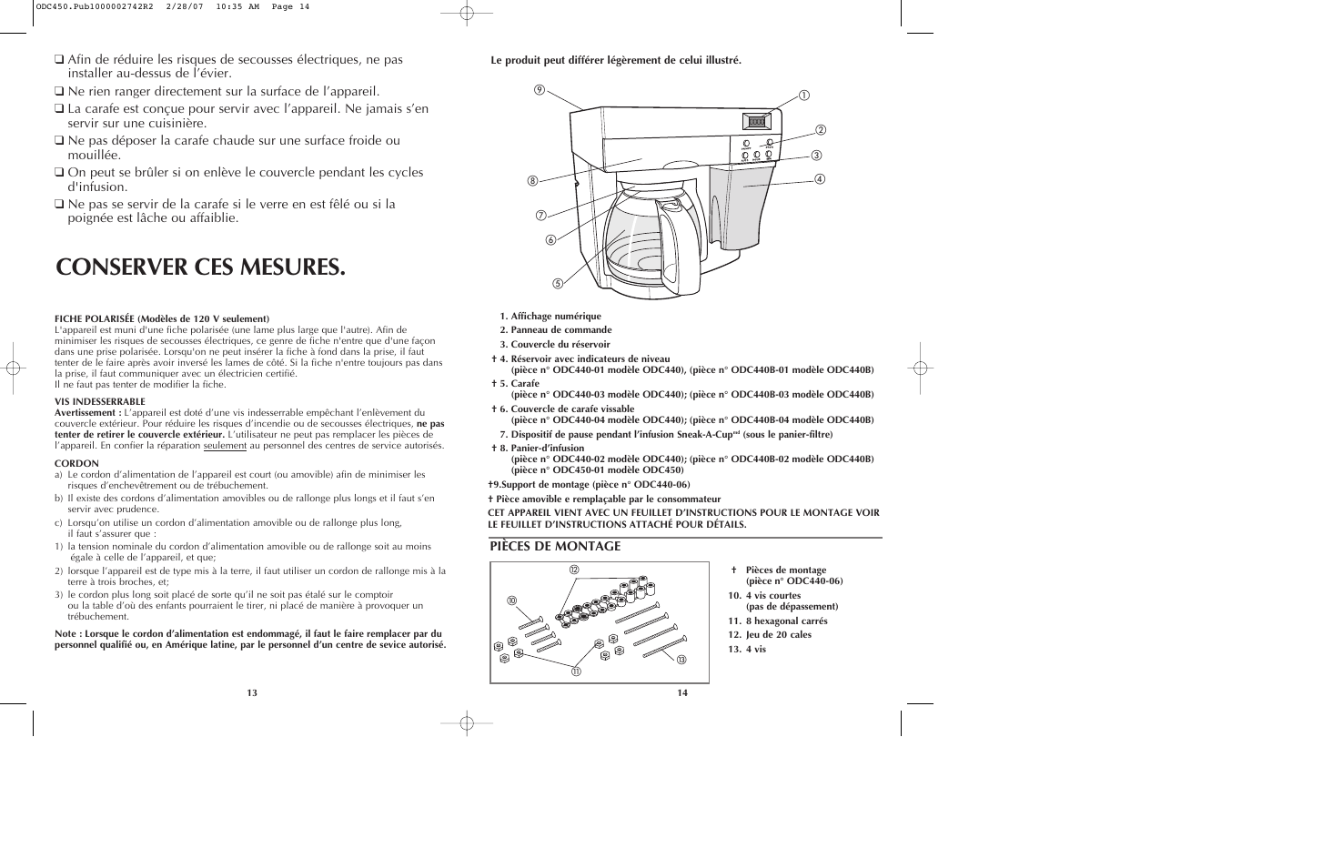Conserver ces mesures, Pièces de montage | Black & Decker ODC440 User Manual | Page 8 / 13