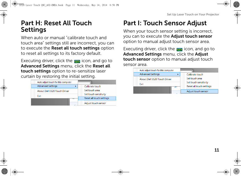 Part h: reset all touch settings, Part i: touch sensor adjust | Dell S520 Projector User Manual | Page 13 / 242