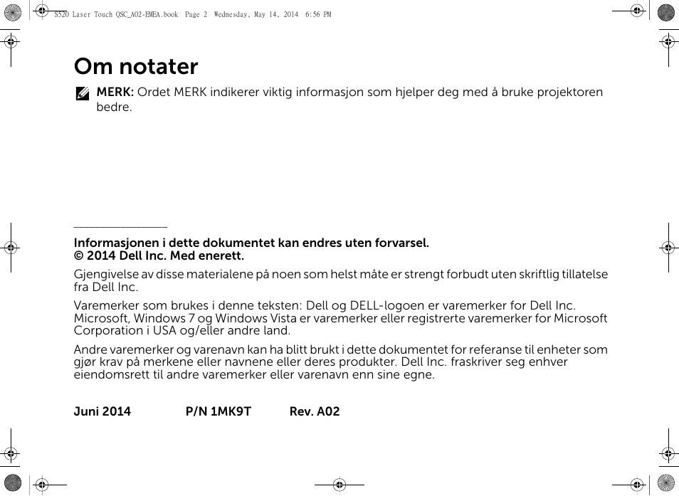 Om notater | Dell S520 Projector User Manual | Page 130 / 242