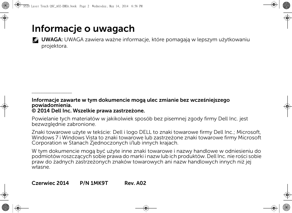 Informacje o uwagach | Dell S520 Projector User Manual | Page 144 / 242