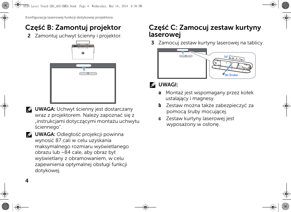 Część b: zamontuj projektor, Część c: zamocuj zestaw kurtyny laserowej | Dell S520 Projector User Manual | Page 146 / 242
