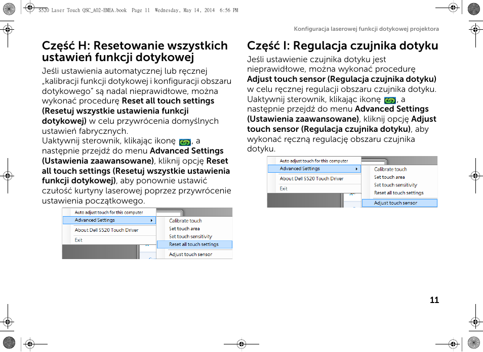 Część i: regulacja czujnika dotyku | Dell S520 Projector User Manual | Page 153 / 242