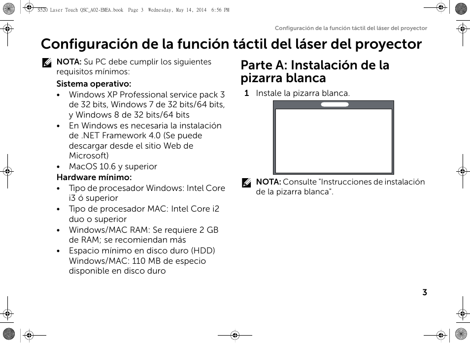 Parte a: instalación de la pizarra blanca | Dell S520 Projector User Manual | Page 173 / 242