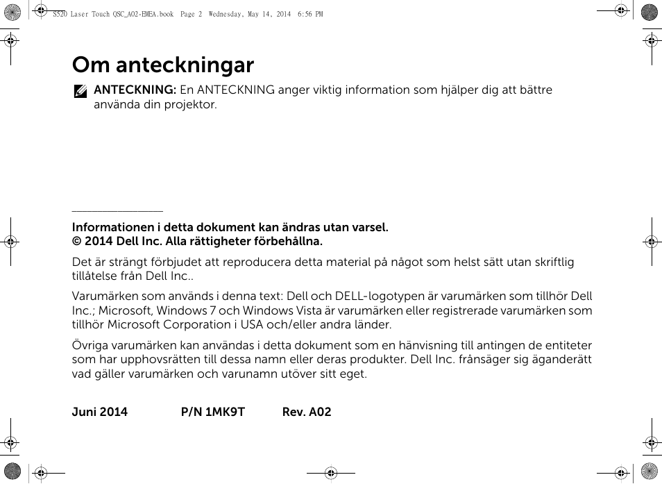 Om anteckningar | Dell S520 Projector User Manual | Page 186 / 242