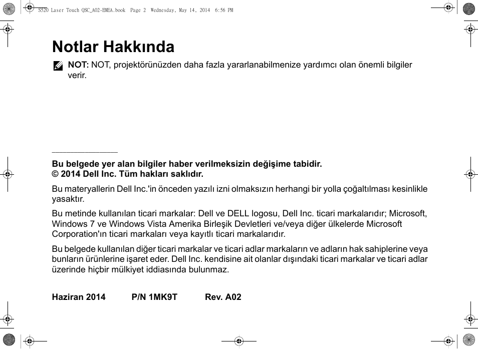 Notlar hakkında | Dell S520 Projector User Manual | Page 214 / 242