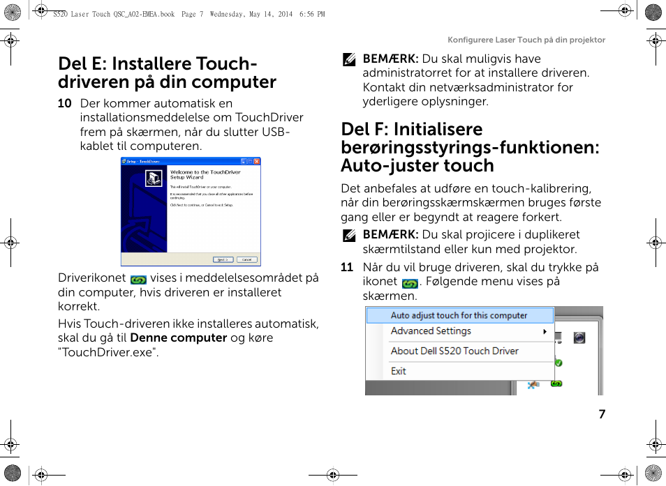 Del e: installere touch- driveren på din computer | Dell S520 Projector User Manual | Page 37 / 242