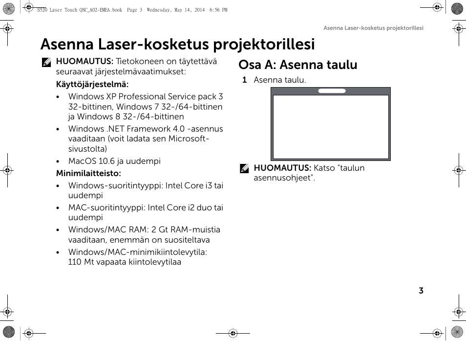 Asenna laser-kosketus projektorillesi, Osa a: asenna taulu | Dell S520 Projector User Manual | Page 75 / 242