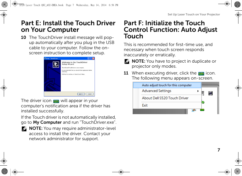 Part e: install the touch driver on your computer | Dell S520 Projector User Manual | Page 9 / 242