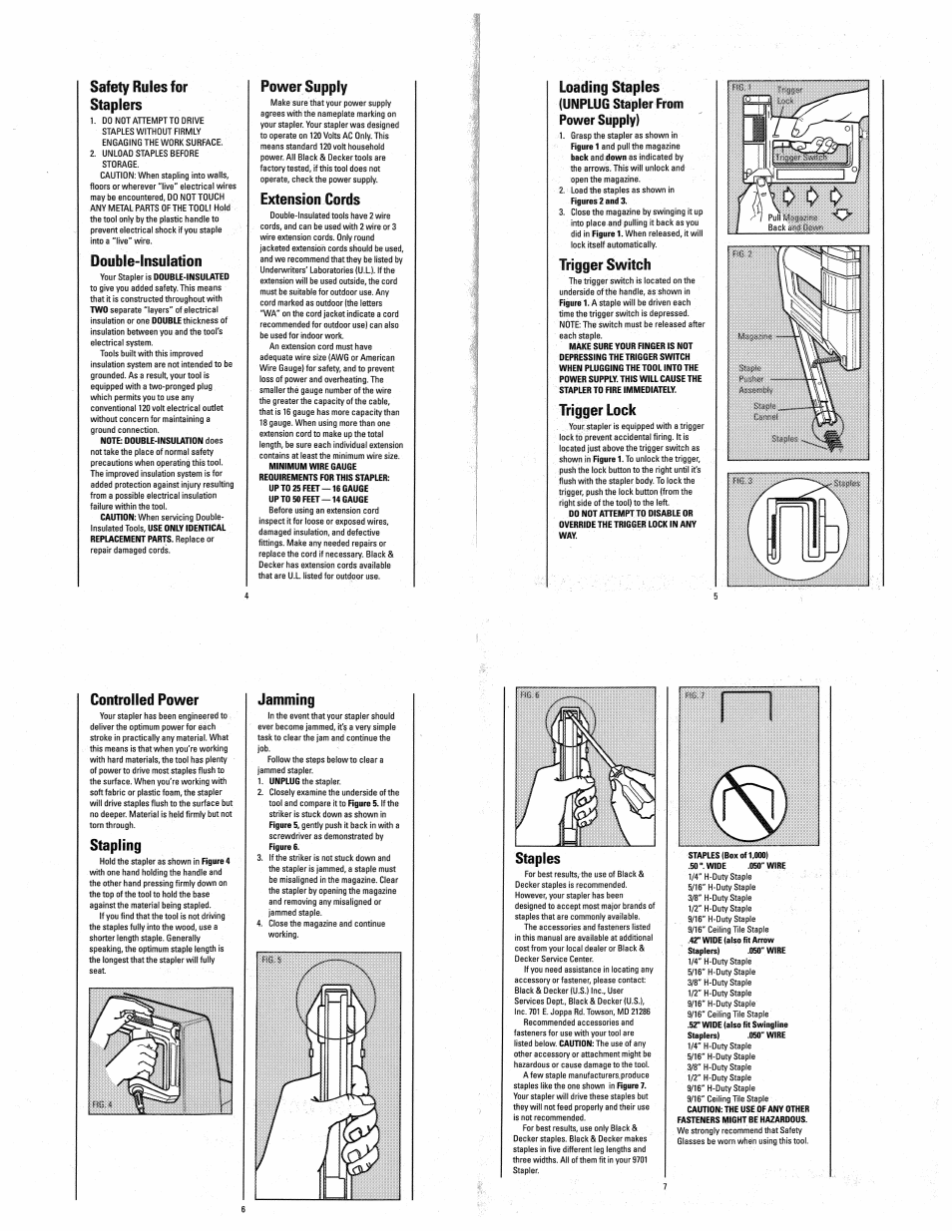 Safety rules for staplers, Power supply, Trigger lock | Controlled power, Jamming, Staples, M ^ yi, Vl\n, Double-insulation, Extension cords | Black & Decker 9701 User Manual | Page 2 / 2