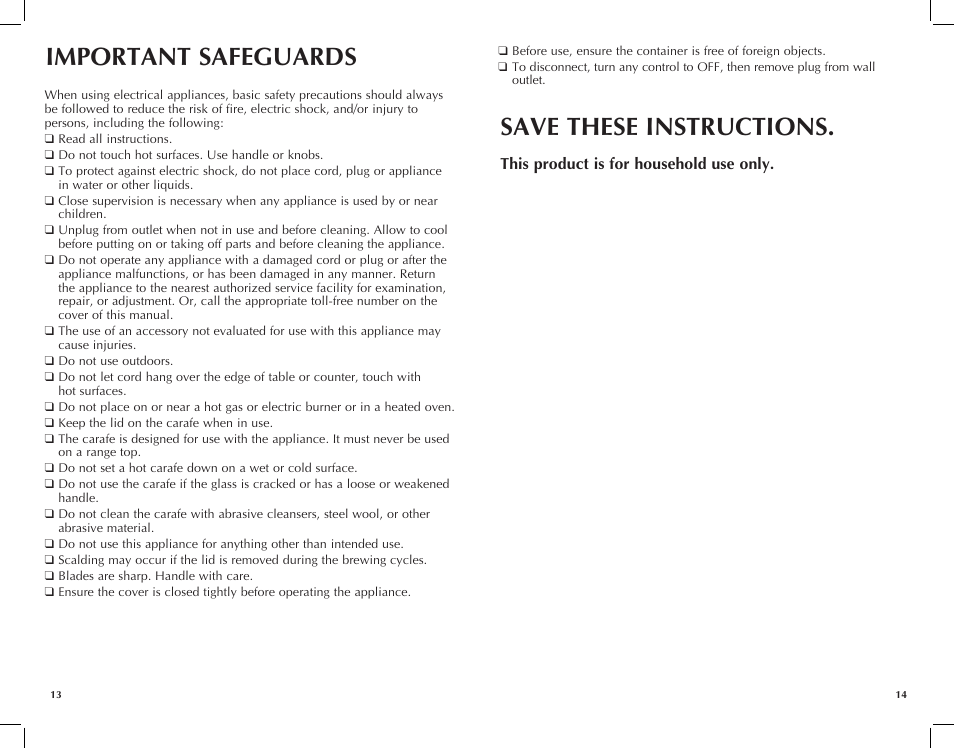 Important safeguards, Save these instructions, This product is for household use only | Black & Decker UCM200WG User Manual | Page 8 / 17