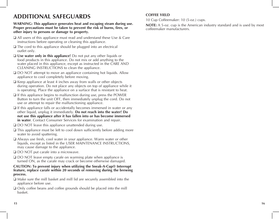 Additional safeguards | Black & Decker UCM200WG User Manual | Page 9 / 17