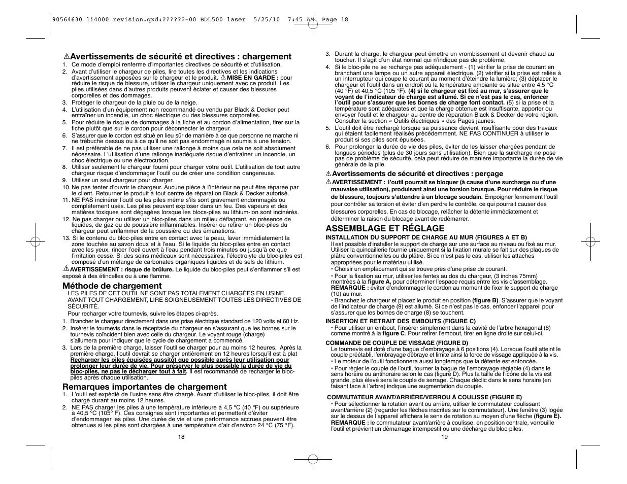 Méthode de chargement, Remarques importantes de chargement, Assemblage et réglage | Black & Decker Li4000 User Manual | Page 10 / 19